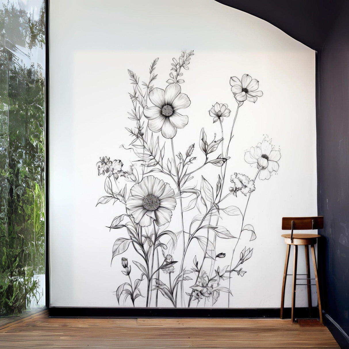 Elegant monochrome botanical wall sticker featuring black floral and foliage illustration in a stylish room.