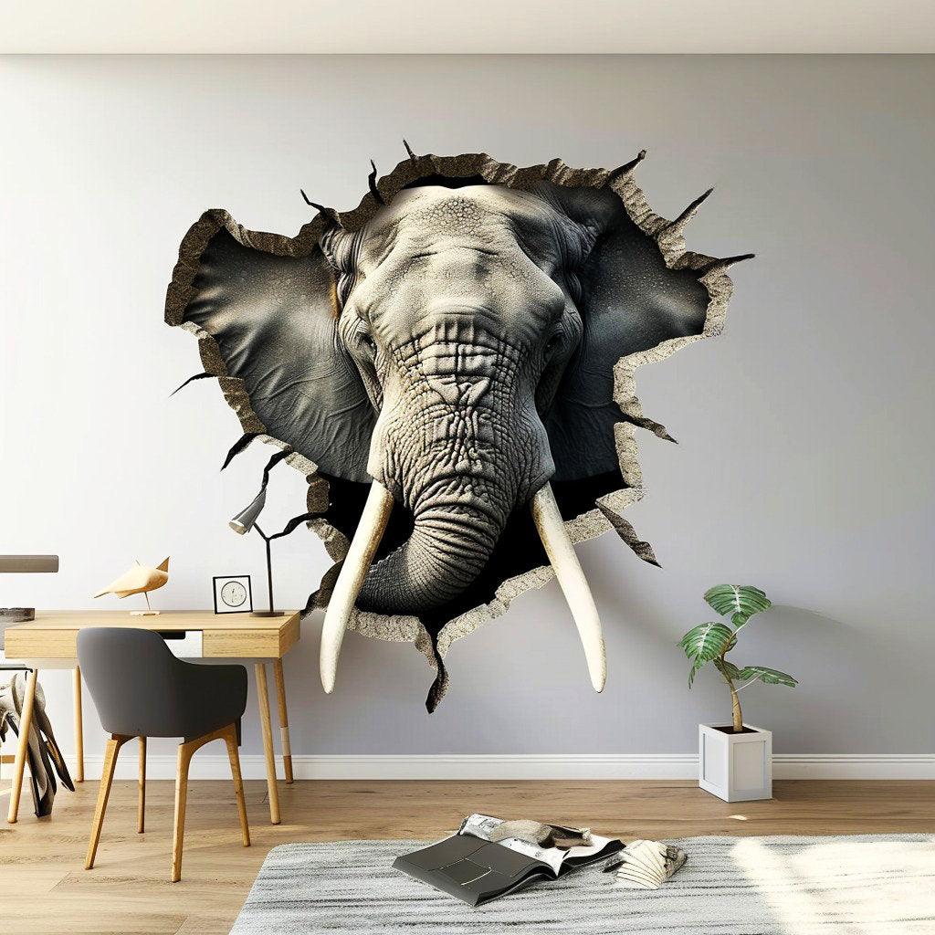 3D elephant wall decal featuring realistic broken hole illusion vinyl sticker, perfect for home decor.