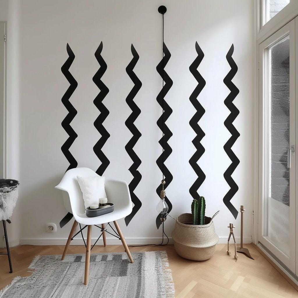 Modern black zigzag wall stickers in a contemporary room, adding stylish decor to a minimalist space.
