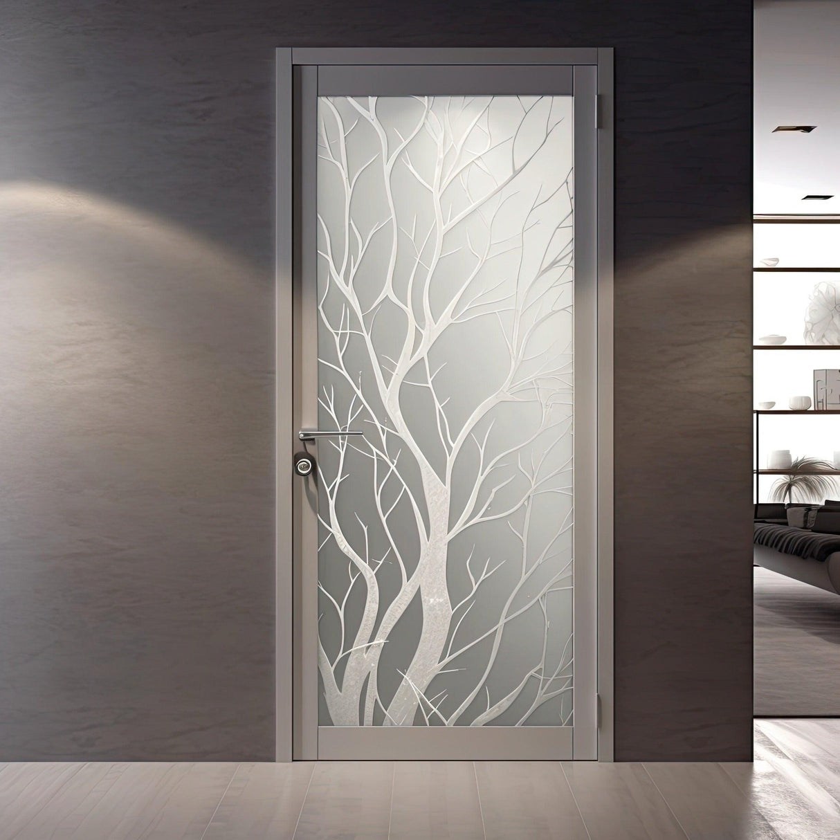 Frosted white tree silhouette decal on a glass door, enhancing home decor with an elegant etched branch design.
