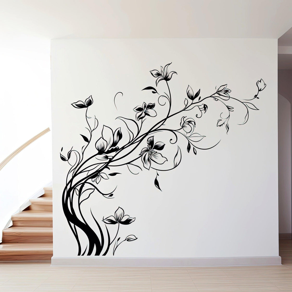 Elegant flowers wall decal design on white wall, adding beauty and tranquility to a living room decor.