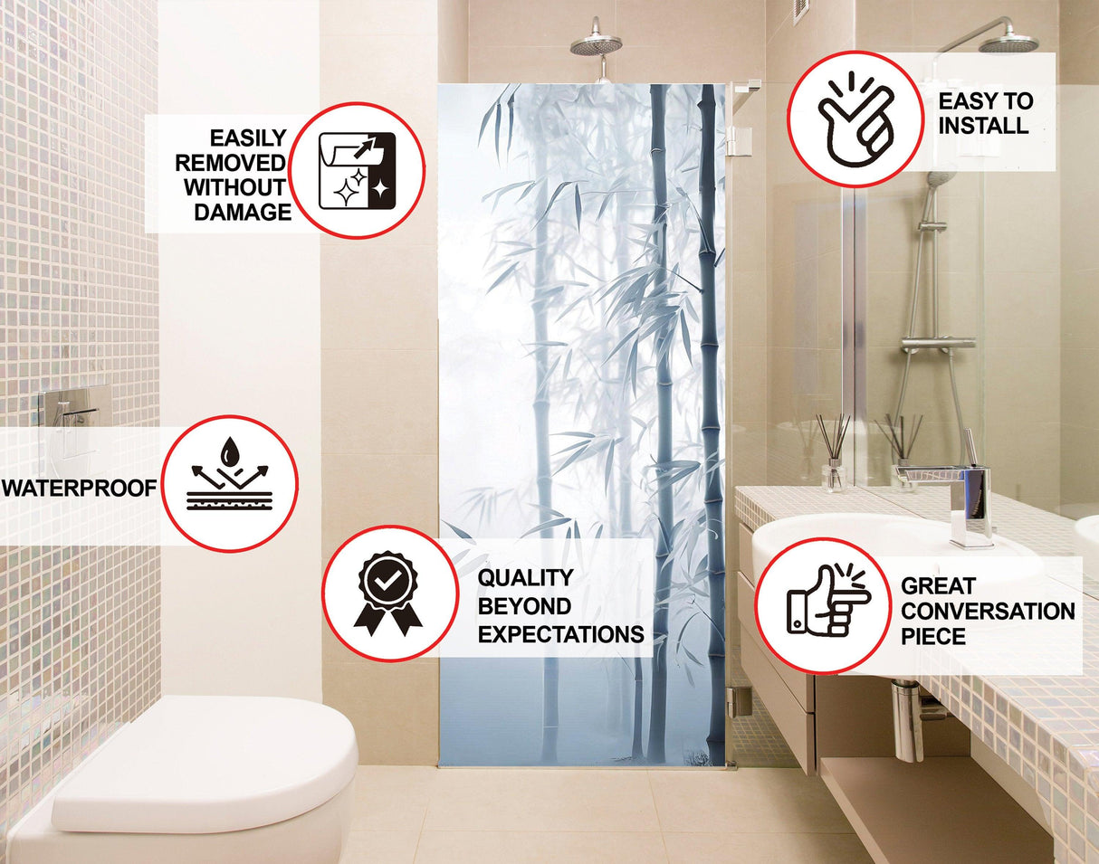 Tranquil Bamboo Forest Shower Glass Door Sticker showcasing features: waterproof, easy to install, removable without damage.