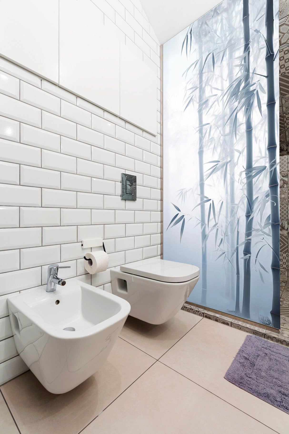 Tranquil bamboo forest shower glass door sticker in modern bathroom, enhancing privacy with a misty, serene aesthetic.