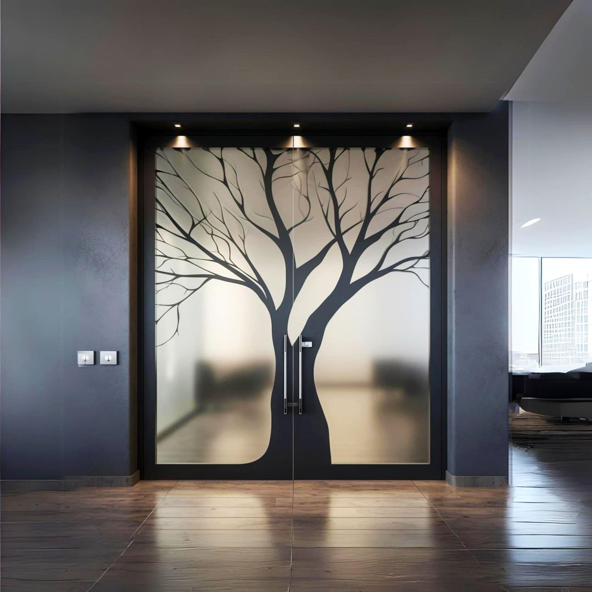 Frosted black tree silhouette decal on glass door, enhancing privacy and modern decor in an elegant interior.