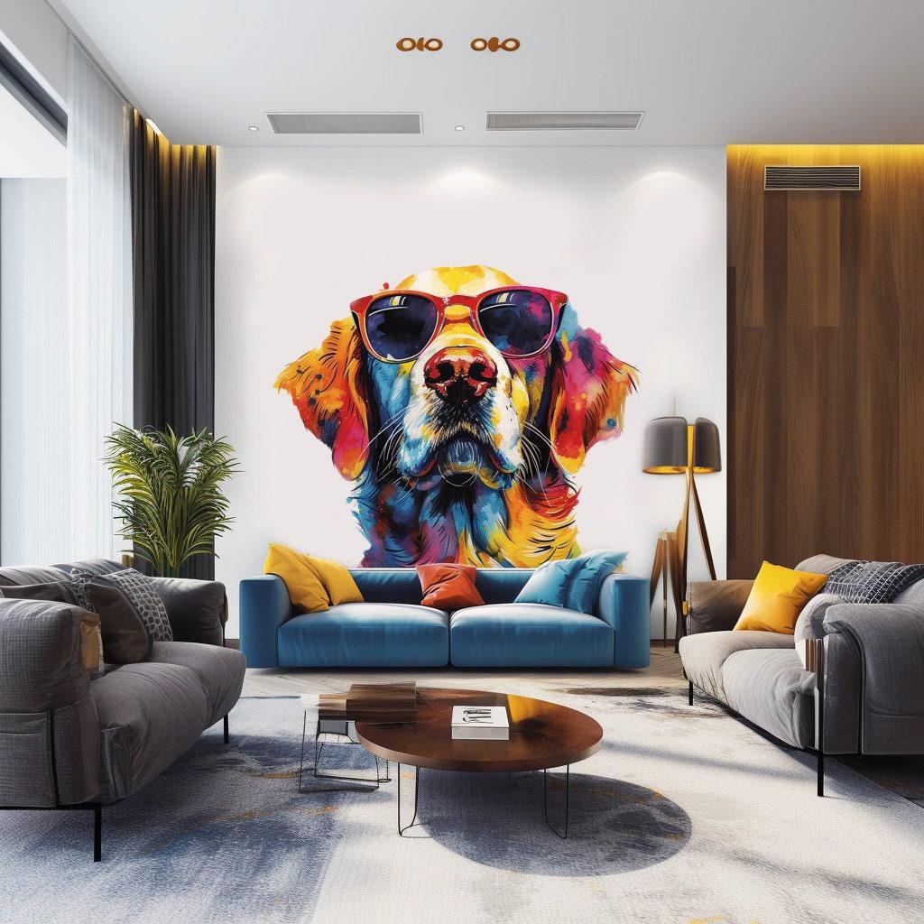 Colorful Golden Retriever wall decal wearing sunglasses in a modern living room, adding vibrant decor.