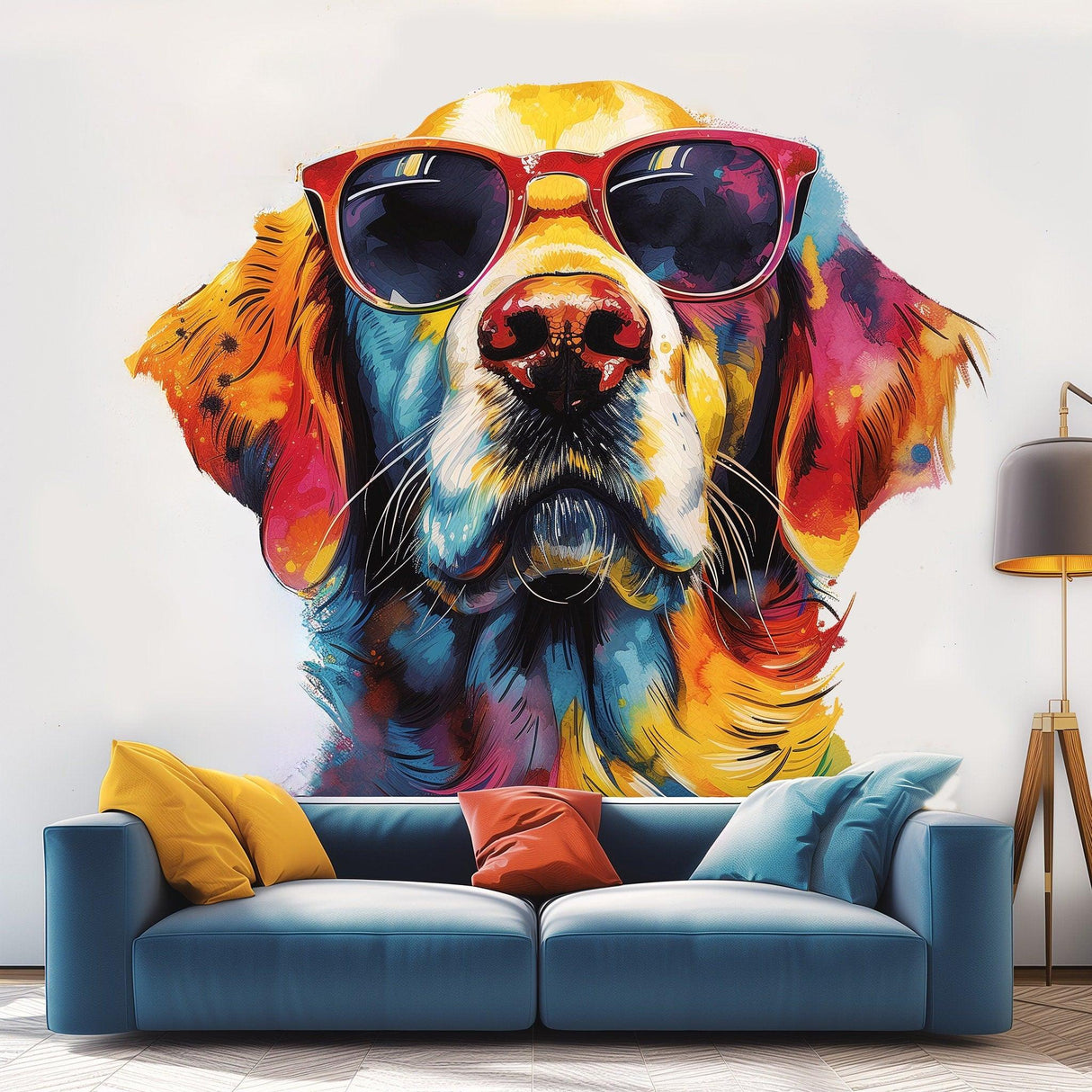 Colorful watercolor wall decal of a golden retriever wearing sunglasses, adding vibrant decor to a living room.