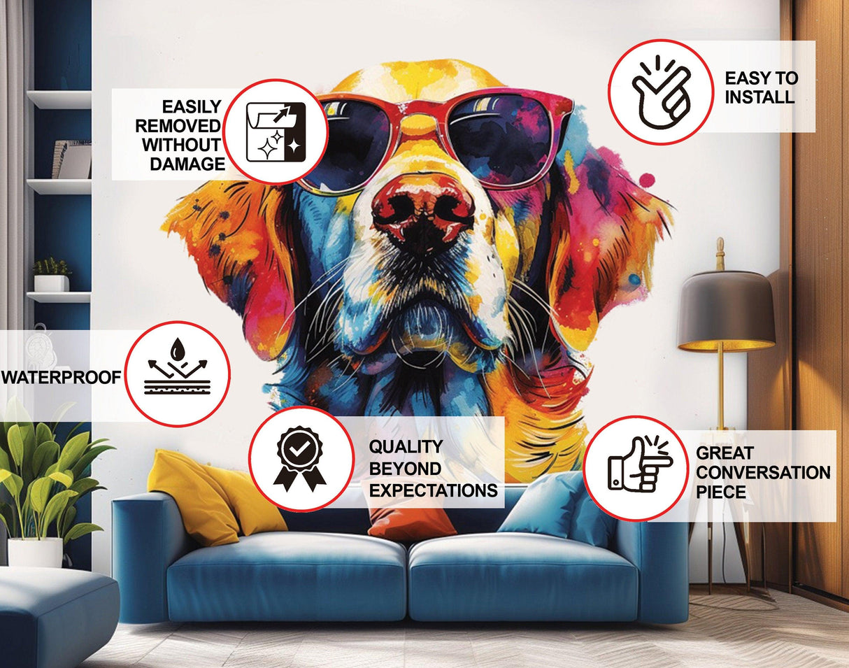 Colorful golden retriever wall decal with sunglasses, showcasing features like easy installation and waterproof quality.