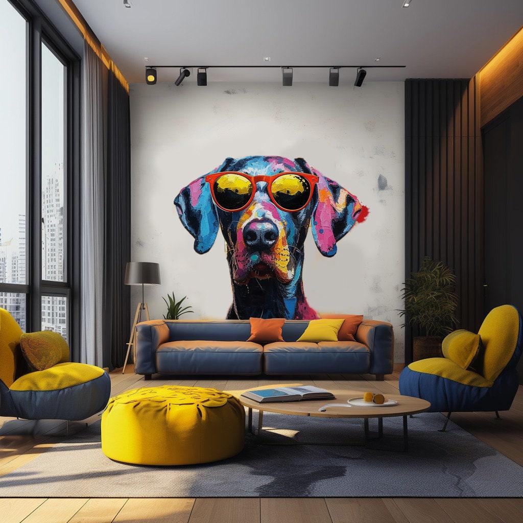 Great Dane wall decal with sunglasses in a vibrant watercolor style, enhancing modern room decor.