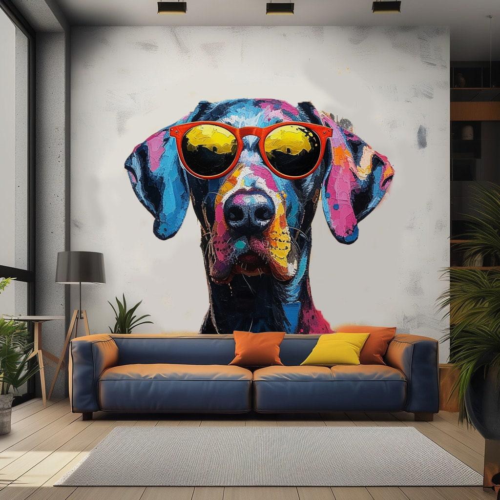 Great Dane wall decal with sunglasses, vibrant watercolor art for fun home decor, stylish living room accent.