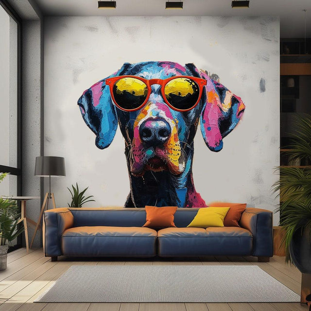Great Dane wall decal with sunglasses, vibrant watercolor art for fun home decor, stylish living room accent.