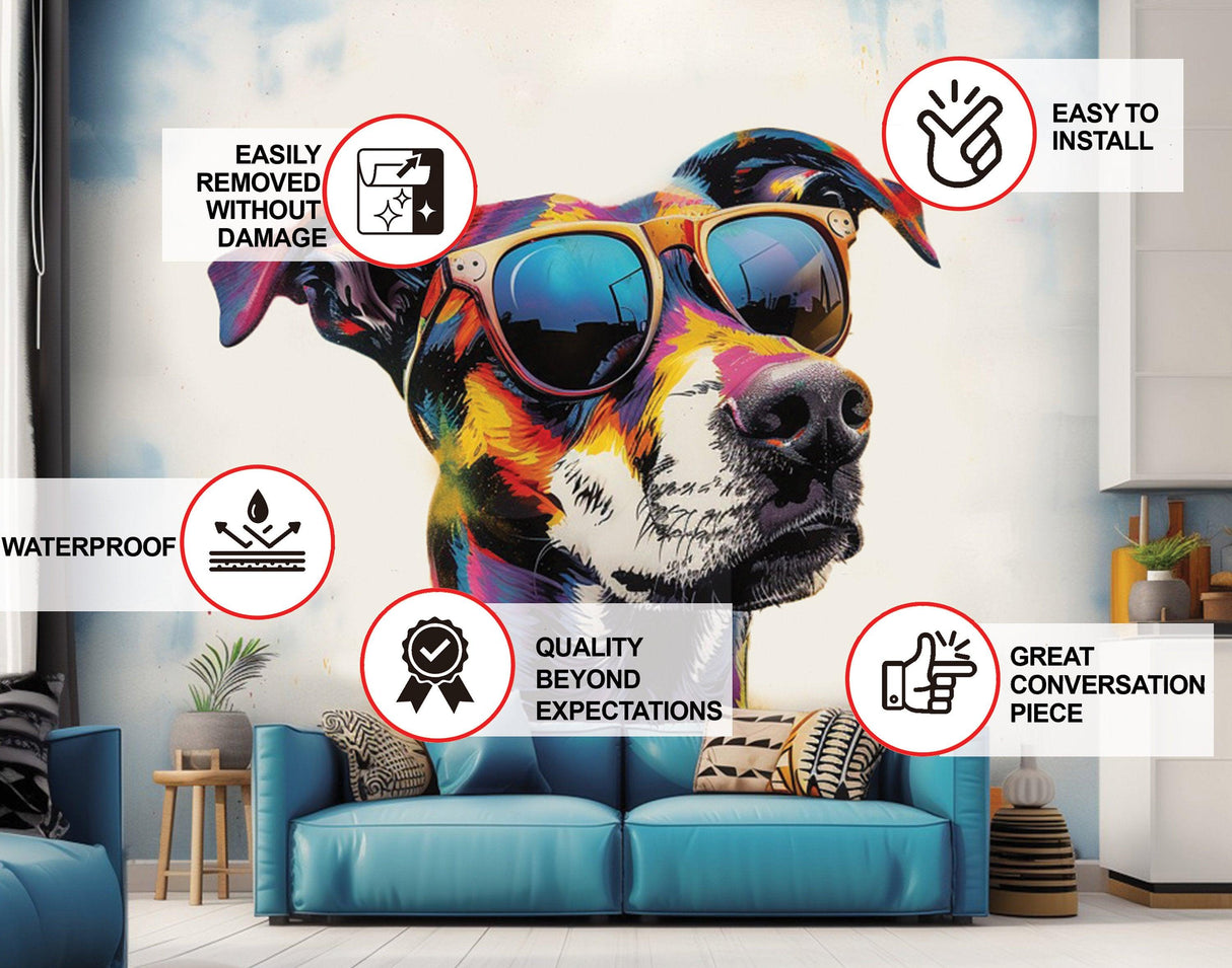 Colorful Border Collie wall sticker wearing sunglasses, showcasing vibrant design and easy installation features.