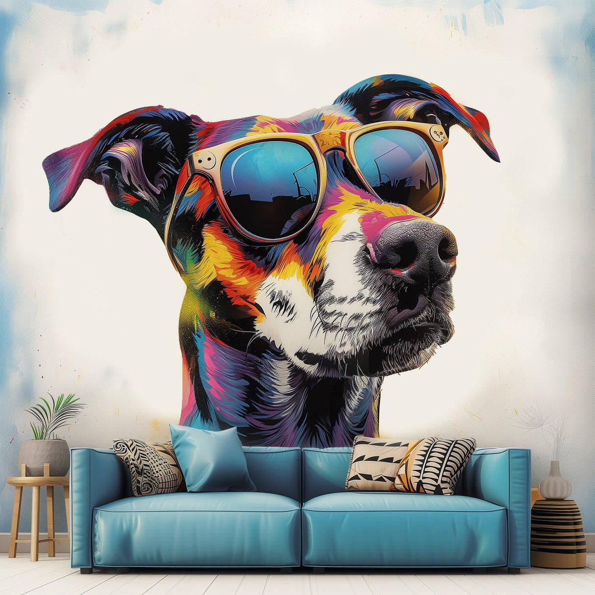Colorful watercolor dog wall sticker featuring a dog in sunglasses, perfect for playful home decor.