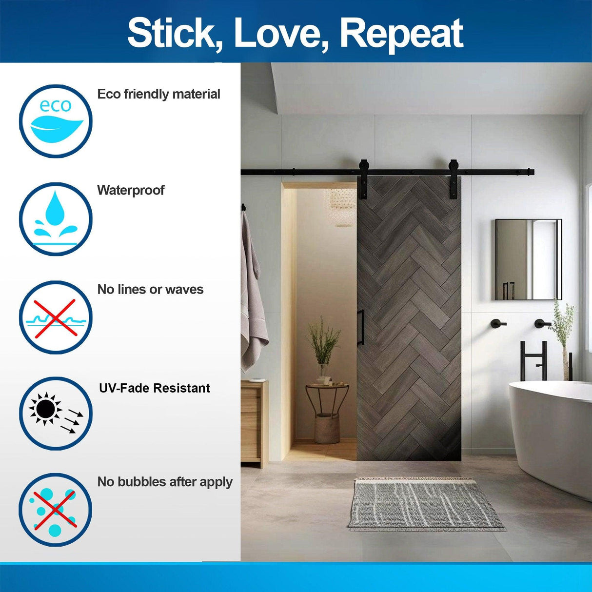Dark Brown Barn Door Wallpaper Sticker features eco-friendly, waterproof, UV-fade resistant material in a bathroom setting.