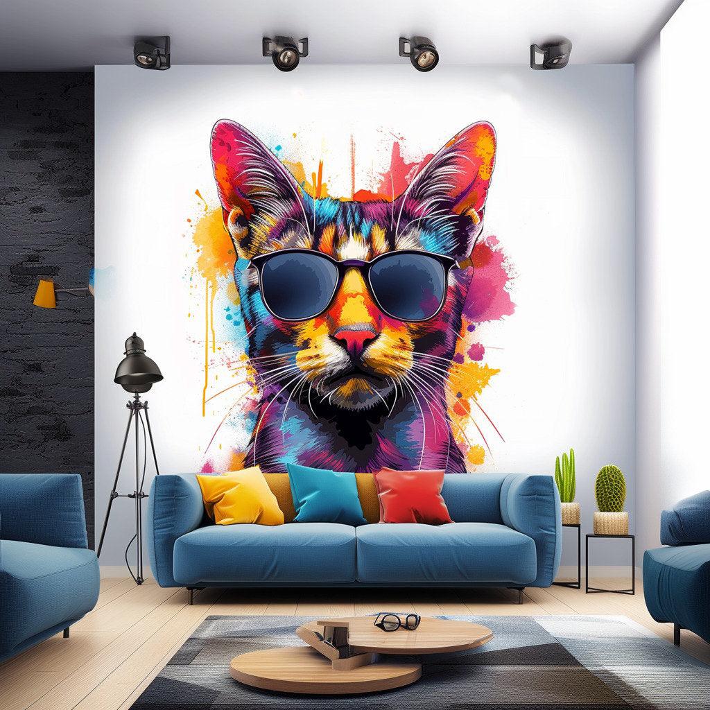 Colorful watercolor cat wall decal with sunglasses in a modern living room setting.