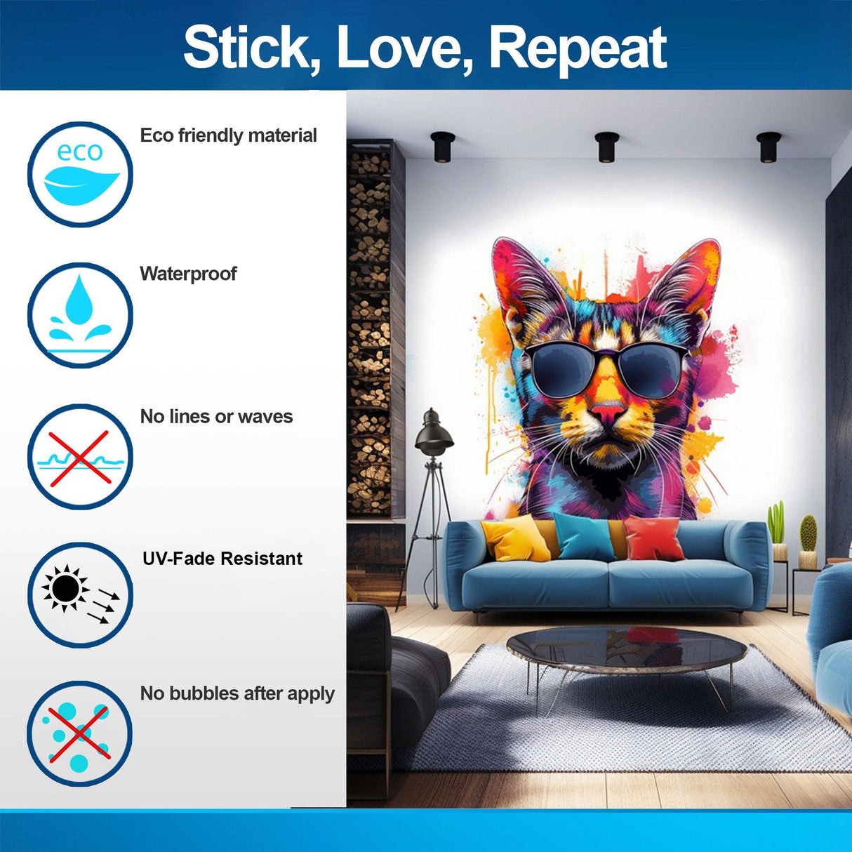 Colorful watercolor cat wall decal with sunglasses, ideal for playful home decor. Features eco-friendly and waterproof material.
