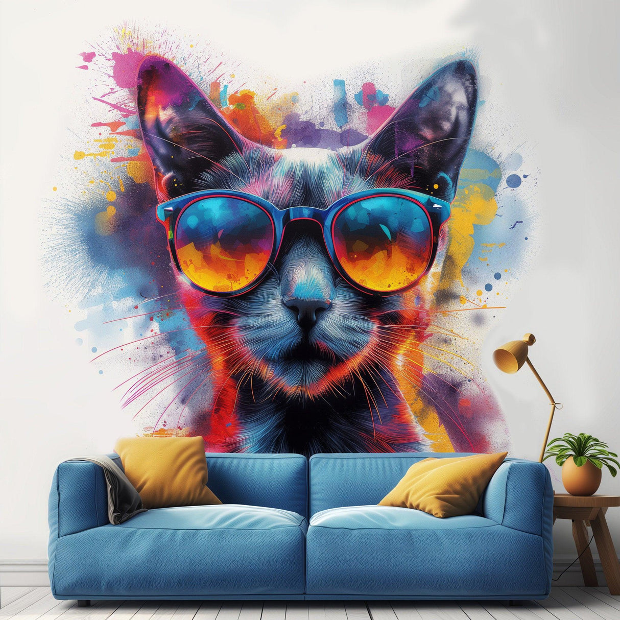 Dynamic watercolor cat wall decal with sunglasses, vibrant colors, stylish modern room decor.