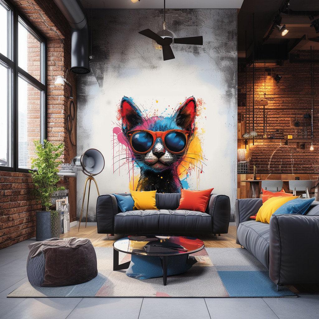 Chic cat in sunglasses wall sticker in modern living room with stylish decor and vibrant colors.