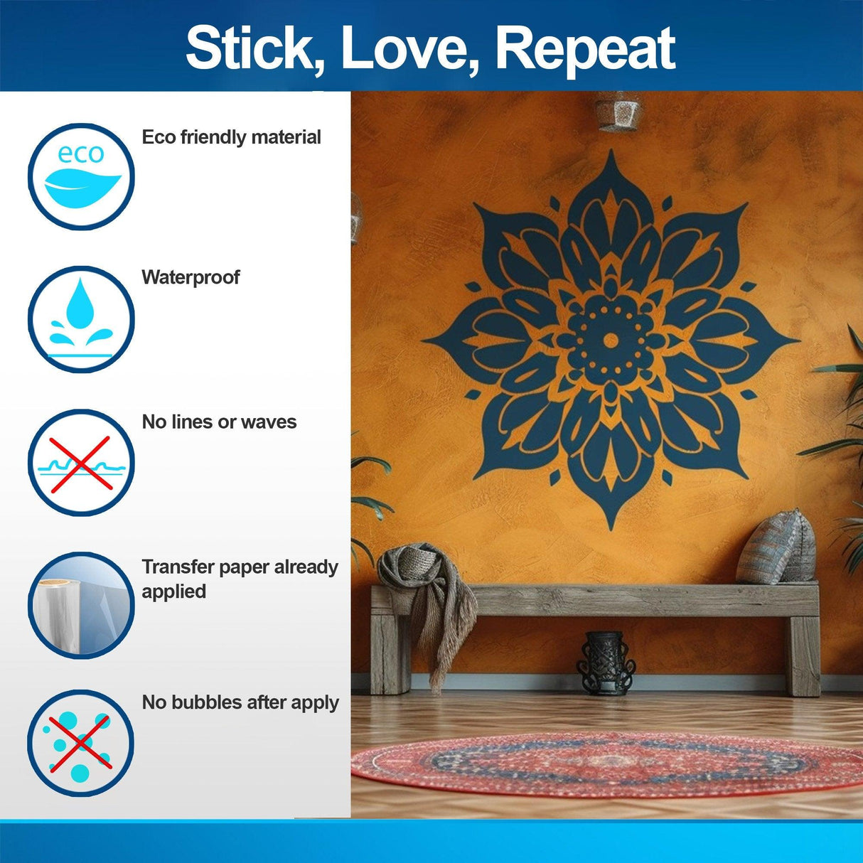 Eco-friendly mandala wall sticker features waterproof design, no bubbles, easy application, perfect for home decor.
