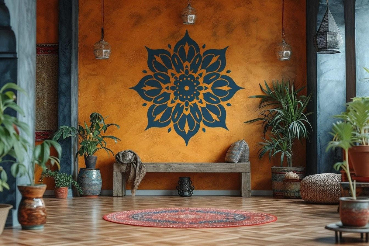 Elegant Mandala Wall Sticker on an orange wall, adding beauty to a cozy home studio with plants and decor.