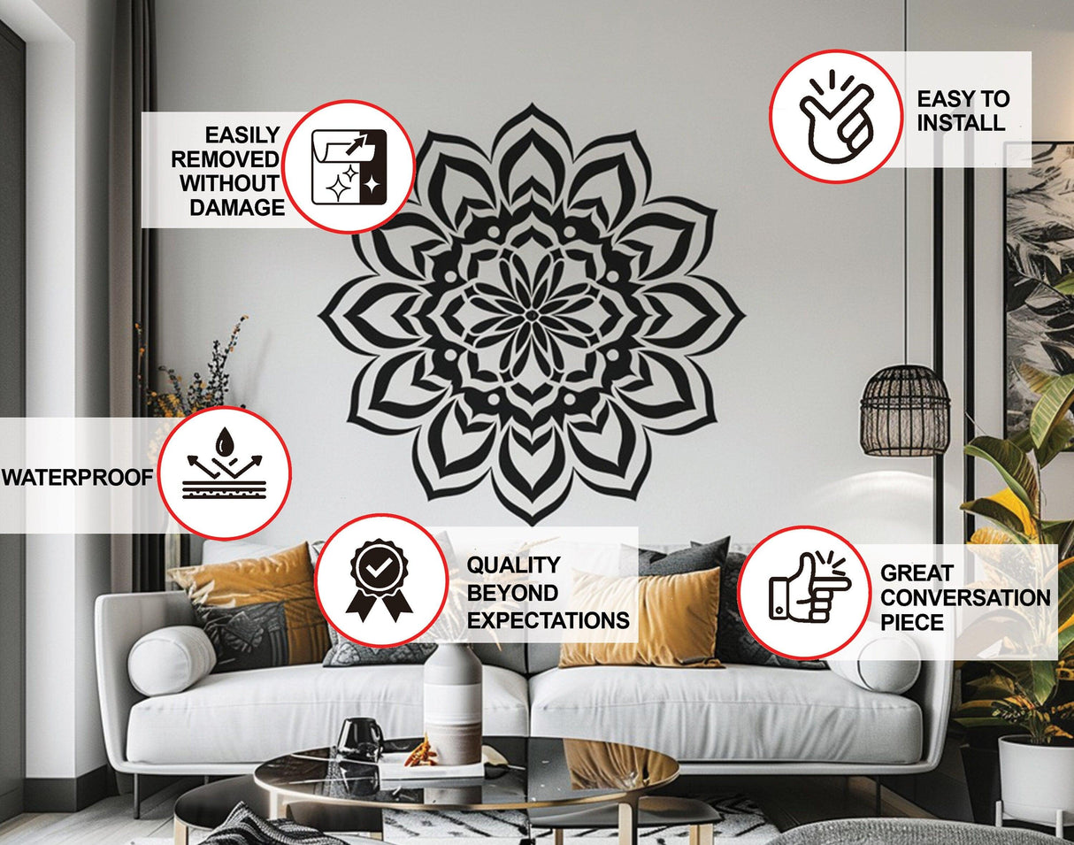 Mandala wall sticker in a modern living room, showcasing its waterproof and easy-to-install features.