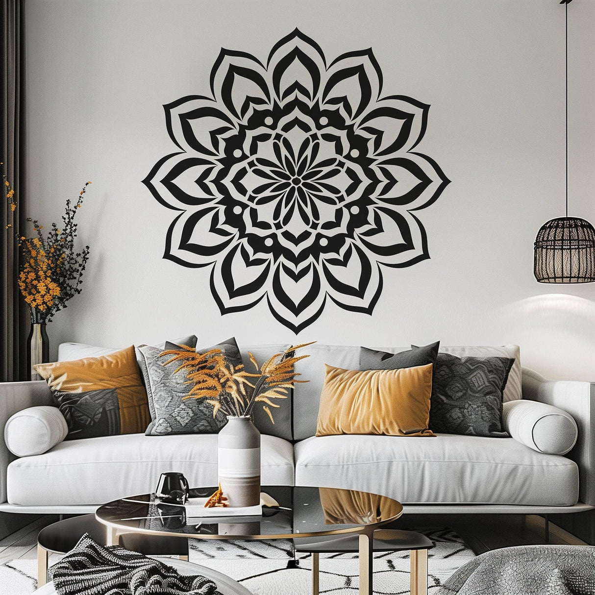 Elegant black mandala wall sticker enhancing a calm living space with stylish decor and vibrant accents.