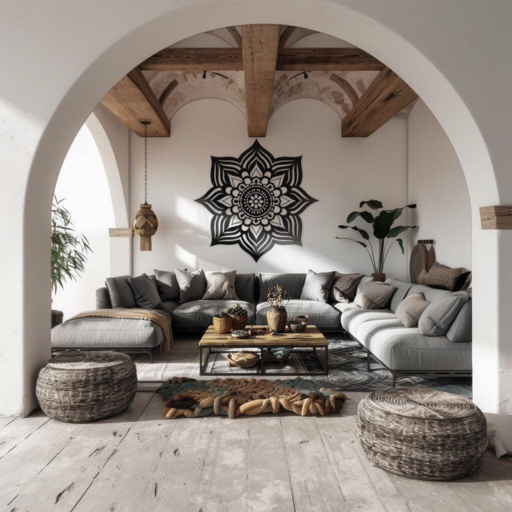 Stylish living room featuring a Boho Mandala wall decal, cozy furniture, and natural decor accents.