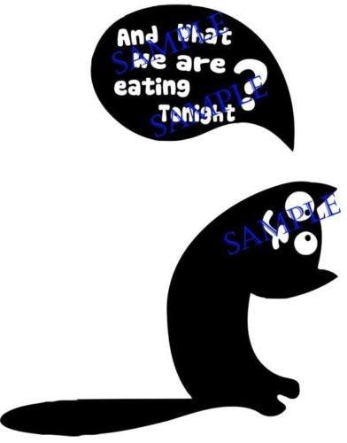 Funny vinyl sticker of a cat with a speech bubble asking what to eat tonight, perfect for kitchen decor.