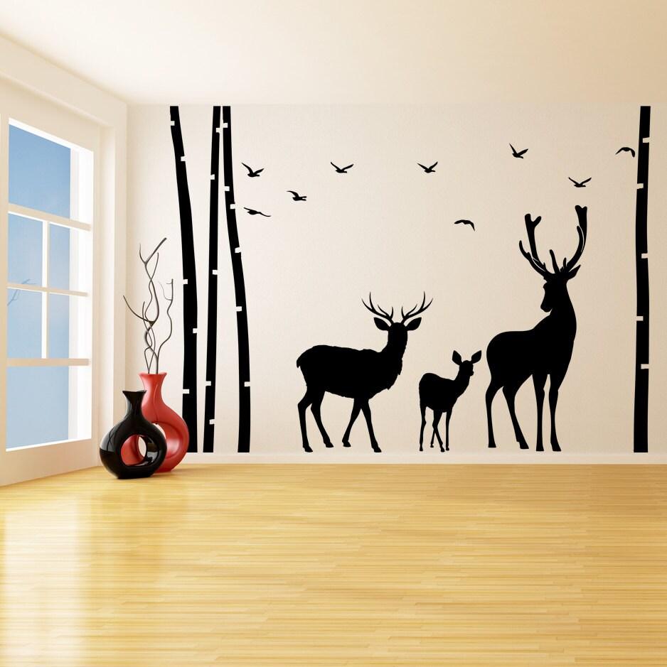 Deer wildlife wall decal featuring a pair of deer and fawn in a natural setting, enhancing rustic home decor.