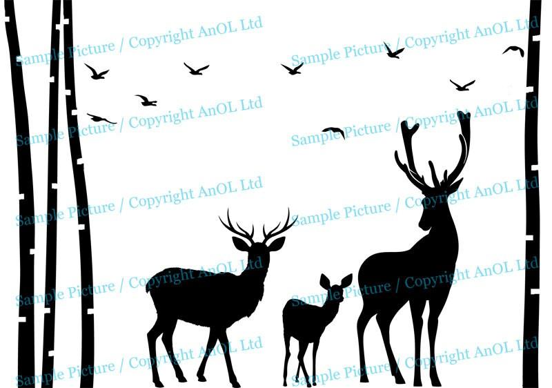 Silhouette of deer and fawn amidst trees and birds, perfect for rustic home decor and hunting themes.