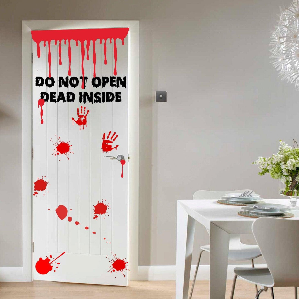 Zombie bathroom door sticker with blood splatters and text "Do Not Open Dead Inside" for Halloween decor.