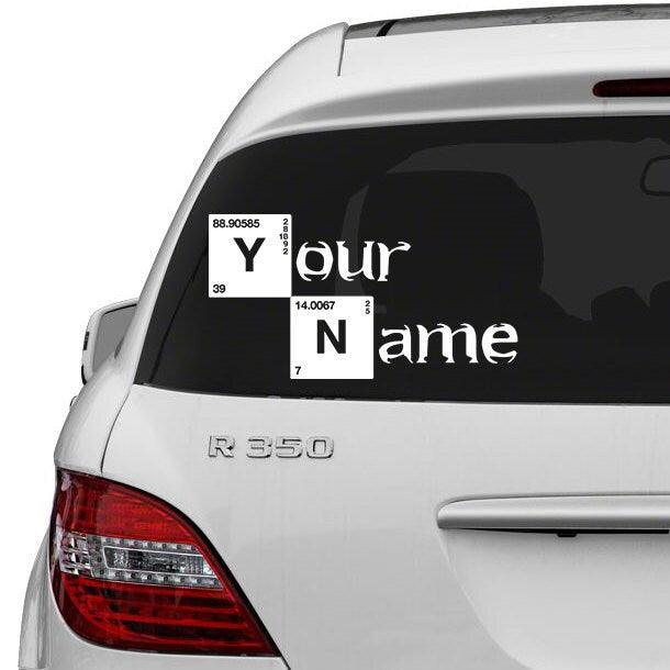 Custom Text Vinyl Sticker featuring personalized name on car window, showcasing unique design and high-quality vinyl material.