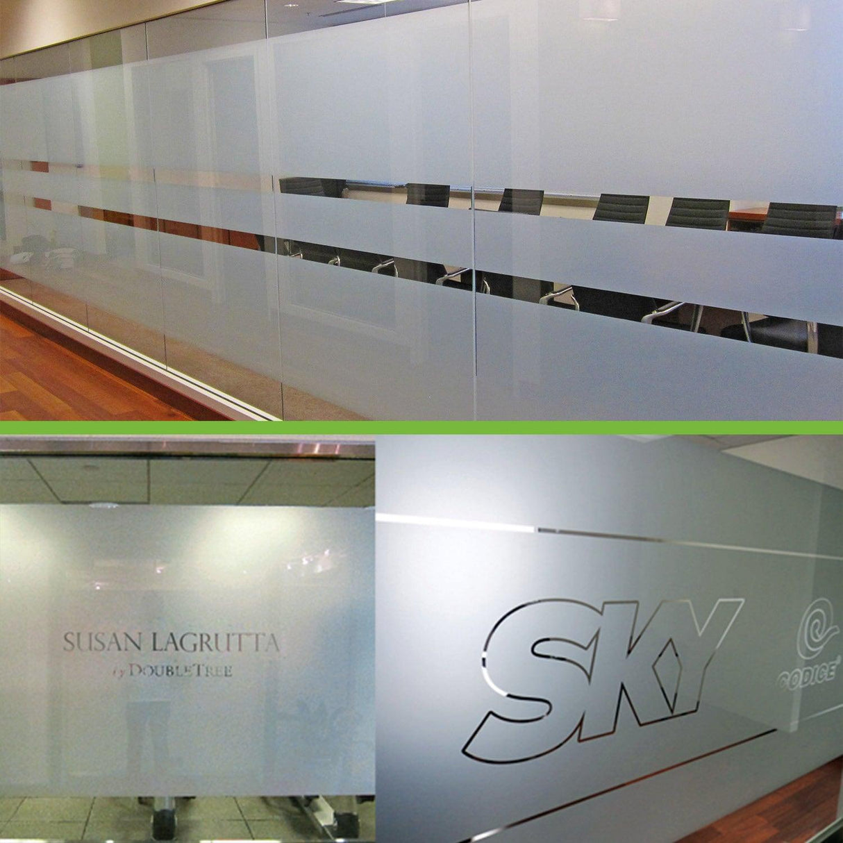 Custom glass etched vinyl stickers on office windows and doors creating elegant privacy and frosted effects.