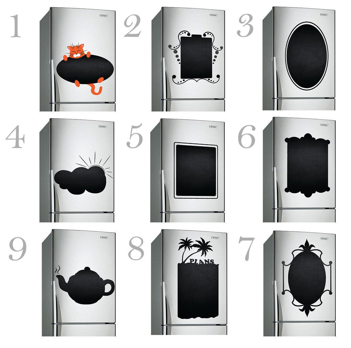 Various chalkboard vinyl decals for kitchen fridges showcasing unique designs and customizable memo board options.