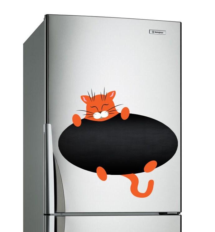 Cute orange cat vinyl decal on refrigerator, resting on a black chalkboard design for notes and reminders.
