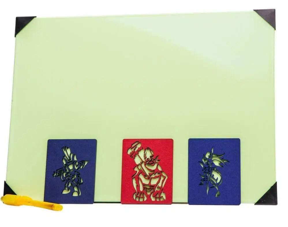 Light drawing board for kids featuring glow-in-the-dark design and colorful character stencils.