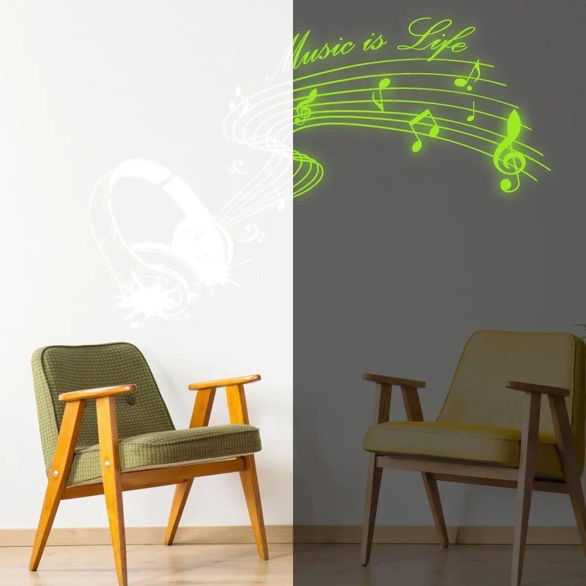 Glow-in-the-dark wall decal with musical notes and headphones, perfect for enhancing room decor.