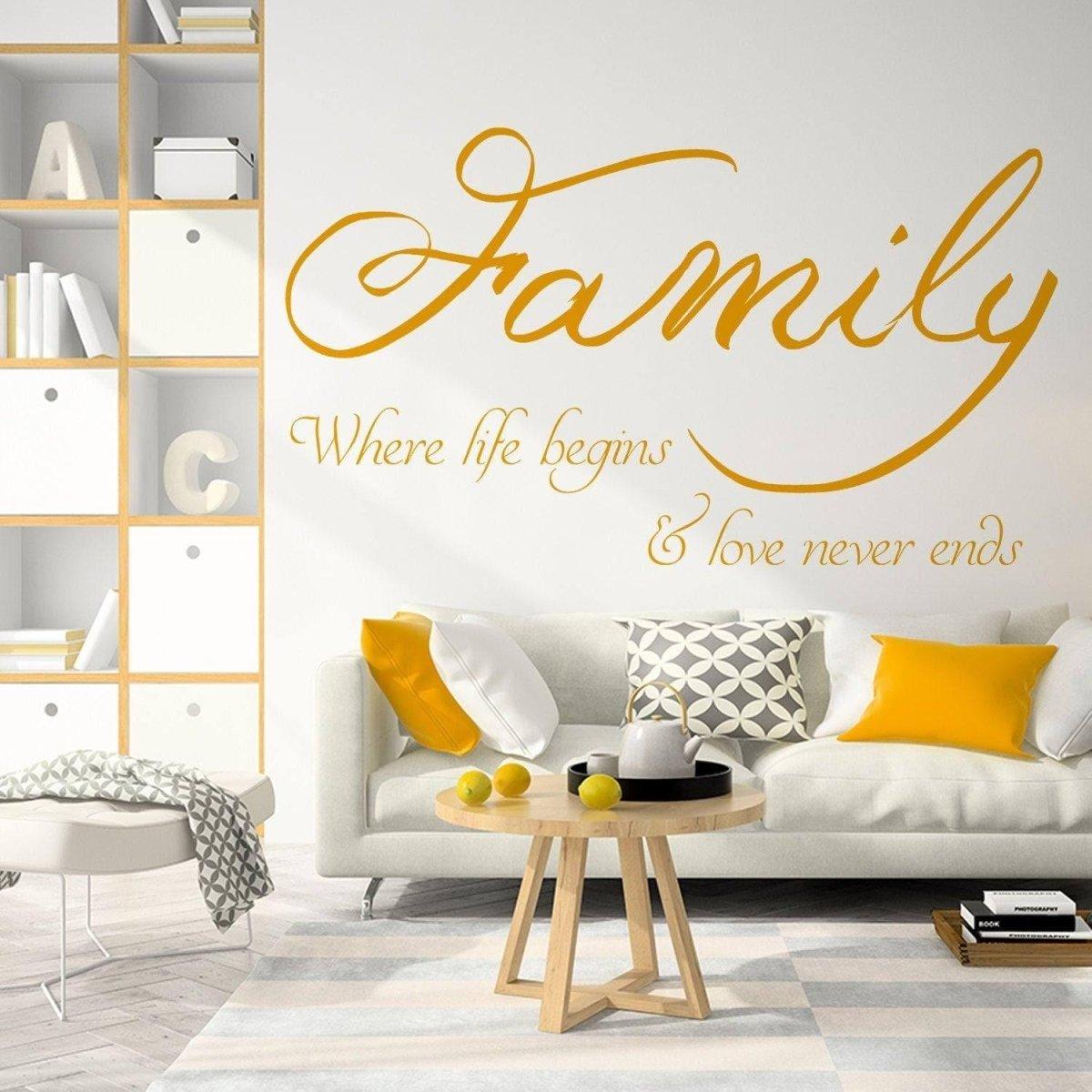 Motivational family-themed wall decal saying 'Family: Where life begins & love never ends' on a stylish home interior.