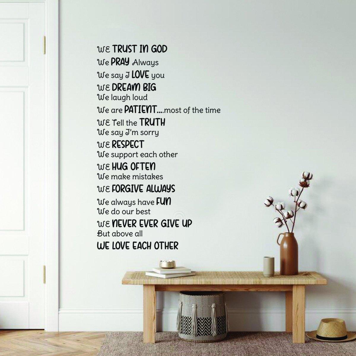 Inspirational family quote wall decal featuring phrases like 'We Trust In God' and 'We Love Each Other' for home decor.