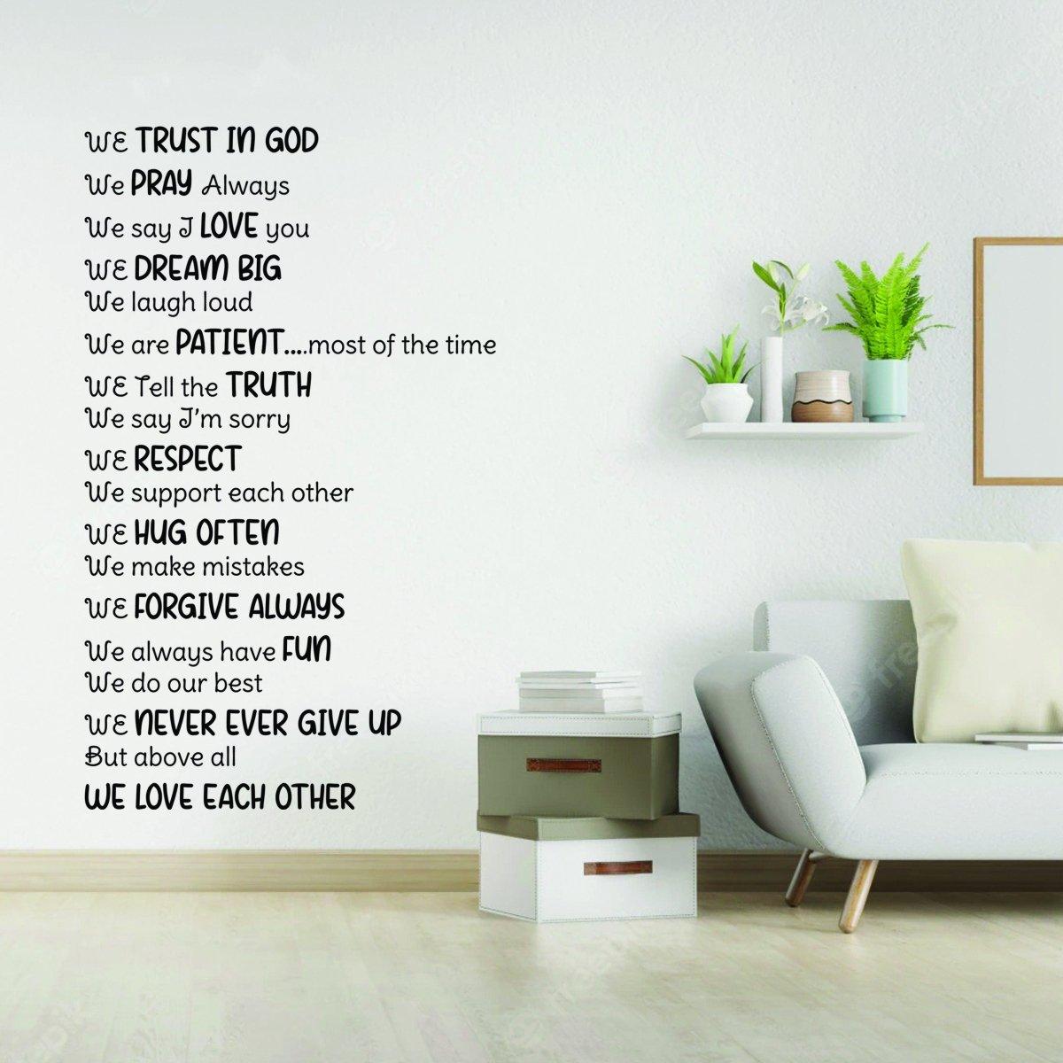 Inspirational family quote wall decal on a light wall, featuring positive affirmations and the message 'We Love Each Other'