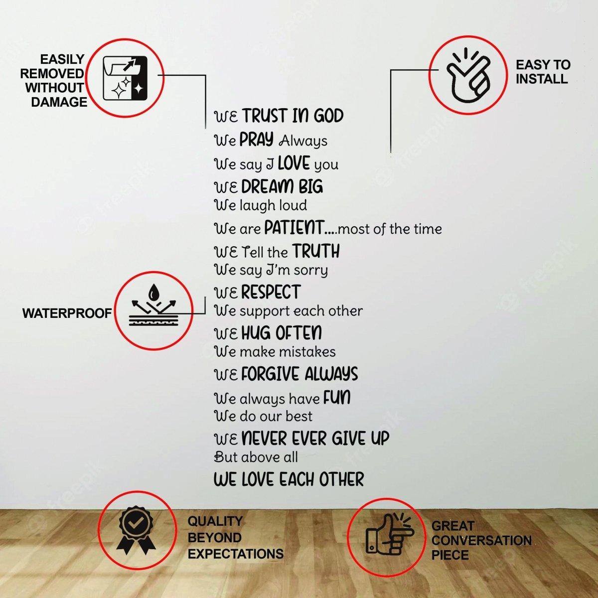 Inspirational family quote wall decal featuring values like love, faith, and support for home decor.