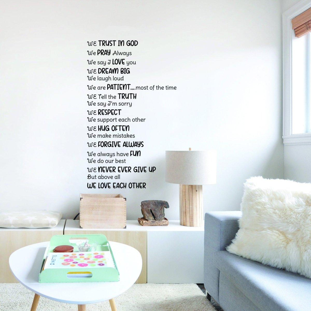 Inspirational family quote wall decal in living room, featuring loving messages and a warm atmosphere.