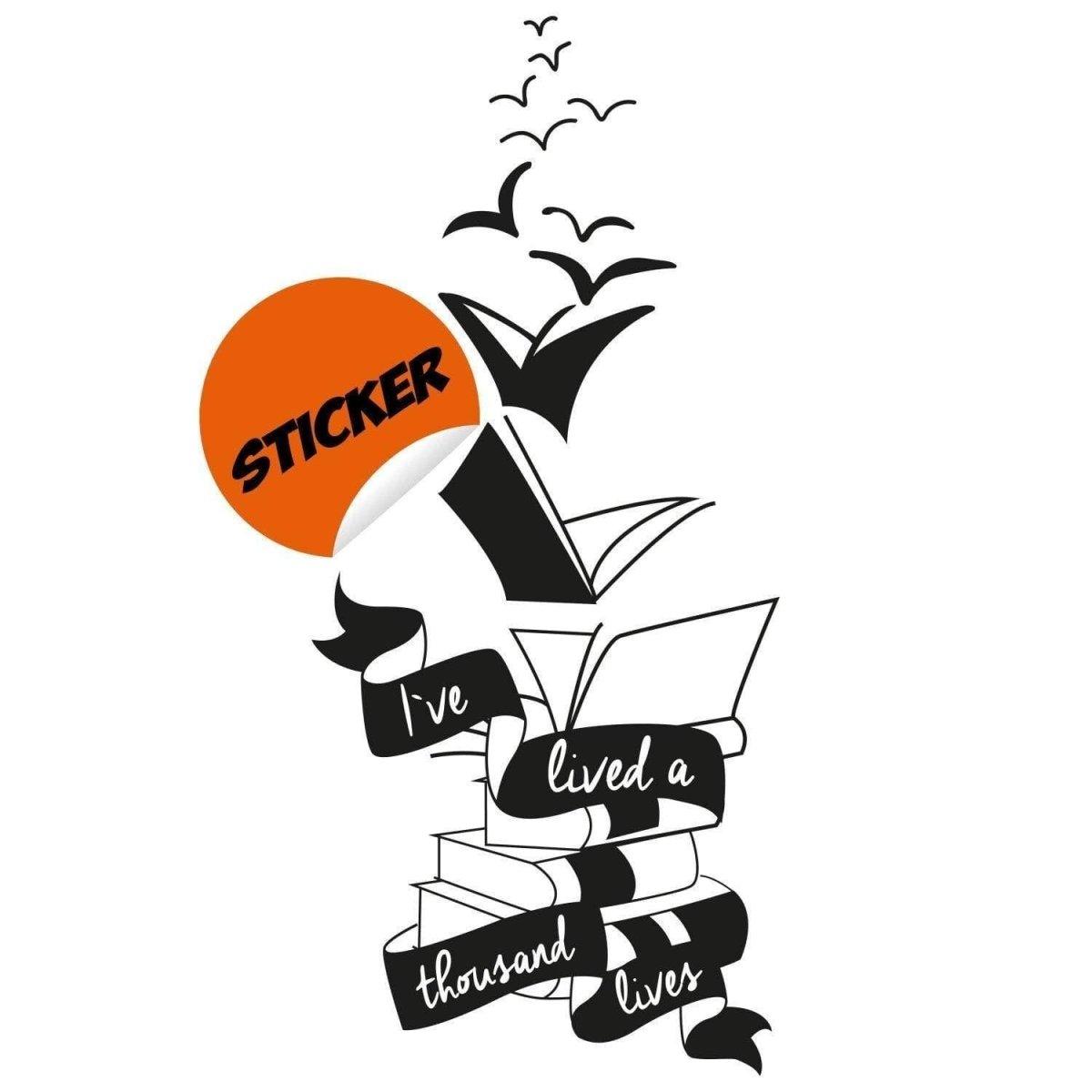 InspireSpace motivational wall sticker featuring books and birds with the quote 'I've lived a thousand lives'.