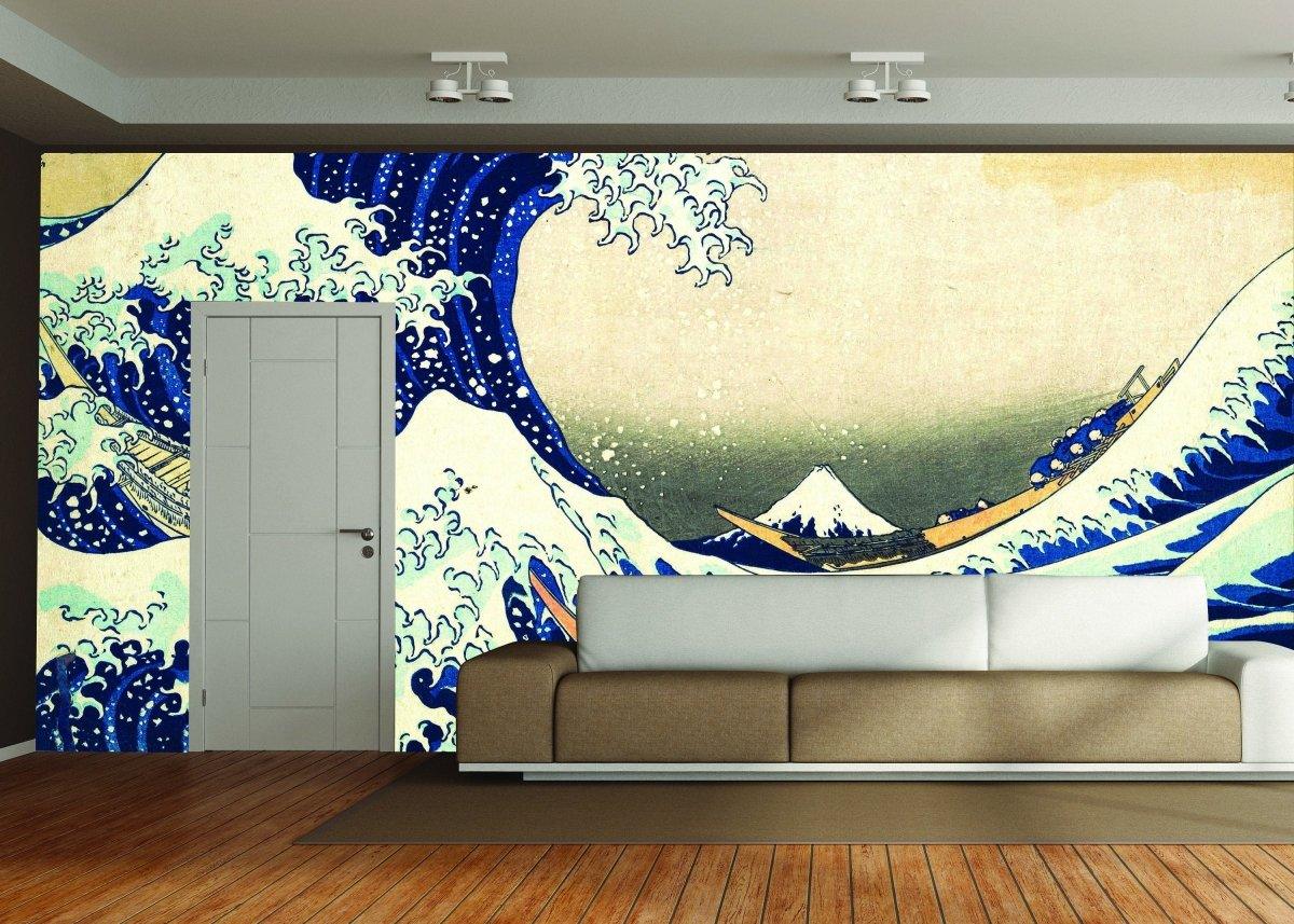 Ocean Serenity wall art decal featuring Kanagawa wave design in a modern living room.