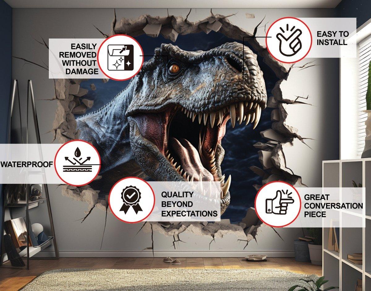 3D dinosaur wall decal in a child's room, showcasing a t-rex breaking through the wall, with installation features.