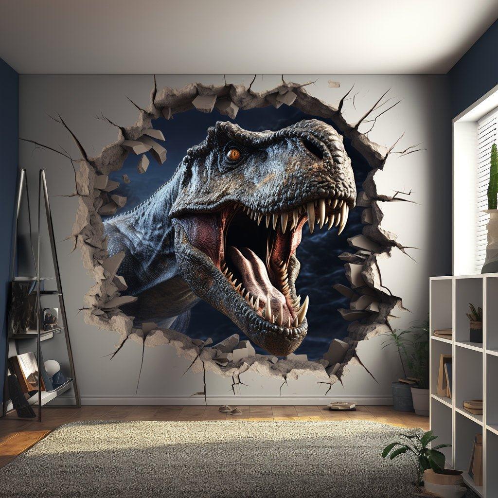 3D dinosaur wall decal featuring a roaring T-Rex popping through the wall, perfect for kids room decor.