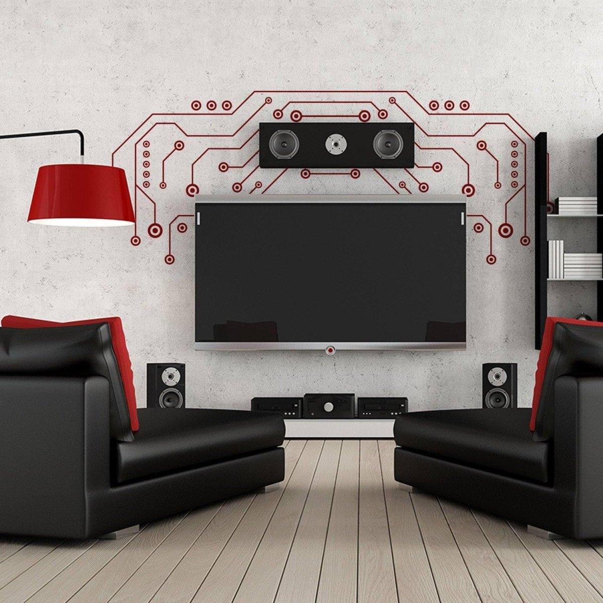 Modern living room with stylish TV wall vinyl decals in circuit design, enhancing decor with elegance.
