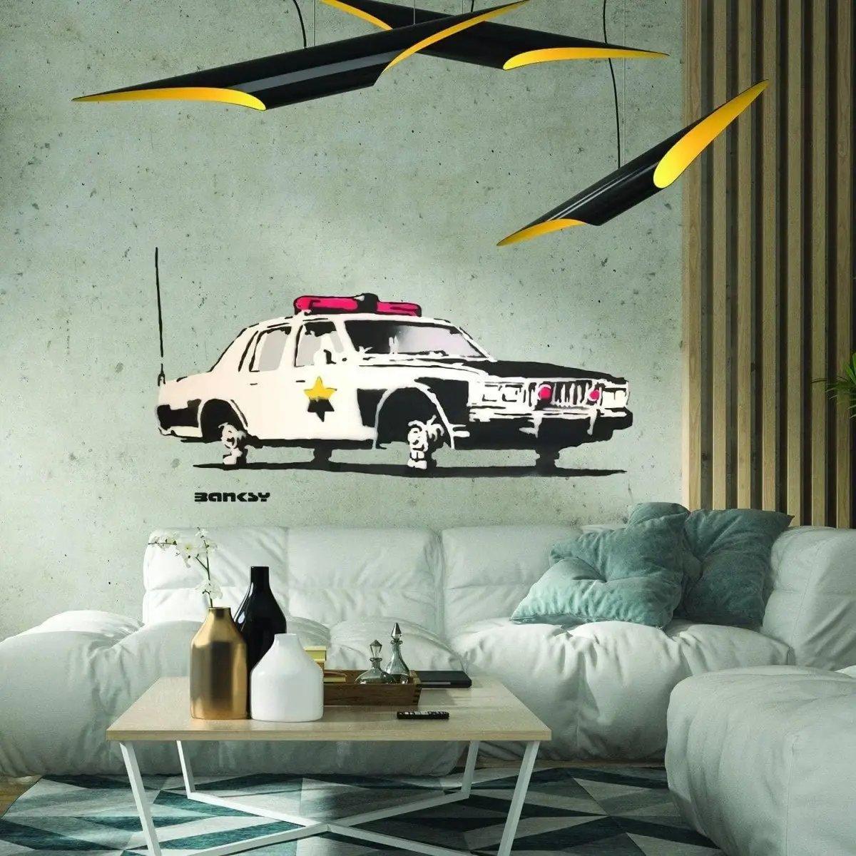 Police car wall sticker in modern living room decor, adding excitement to kids' spaces with stylish design.