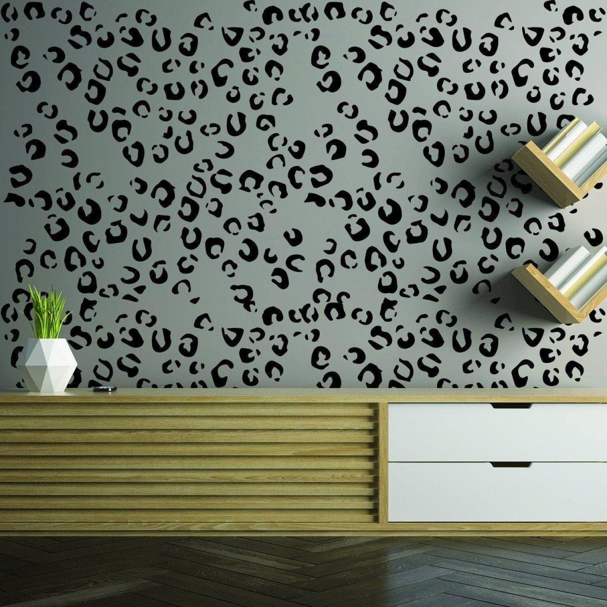 Stylish leopard spot vinyl decals on a gray wall, adding a modern touch to home decor.