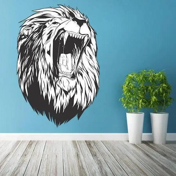 Majestic lion wall decal sticker on blue wall, eco-friendly adhesive vinyl art for stylish home decor.
