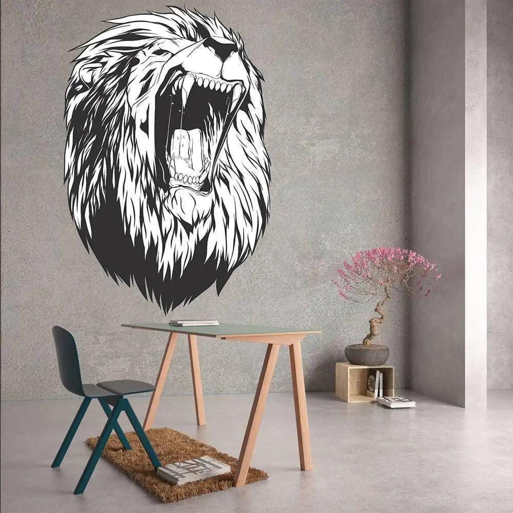 Lion wall decal sticker in modern interior, showcasing majesty theme and eco-friendly design.